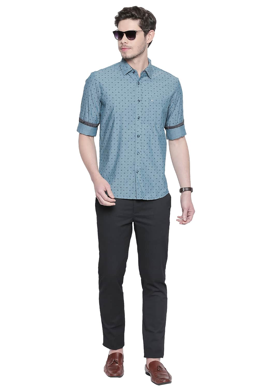 BASICS SLIM FIT CHAMBRAY PRINTED SHIRT