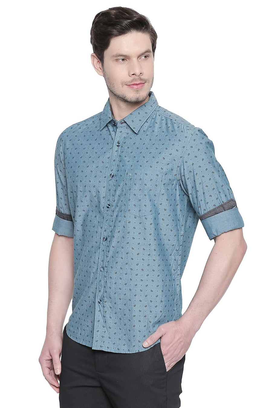 BASICS SLIM FIT LAKE GREEN CHAMBRAY PRINTED SHIRT