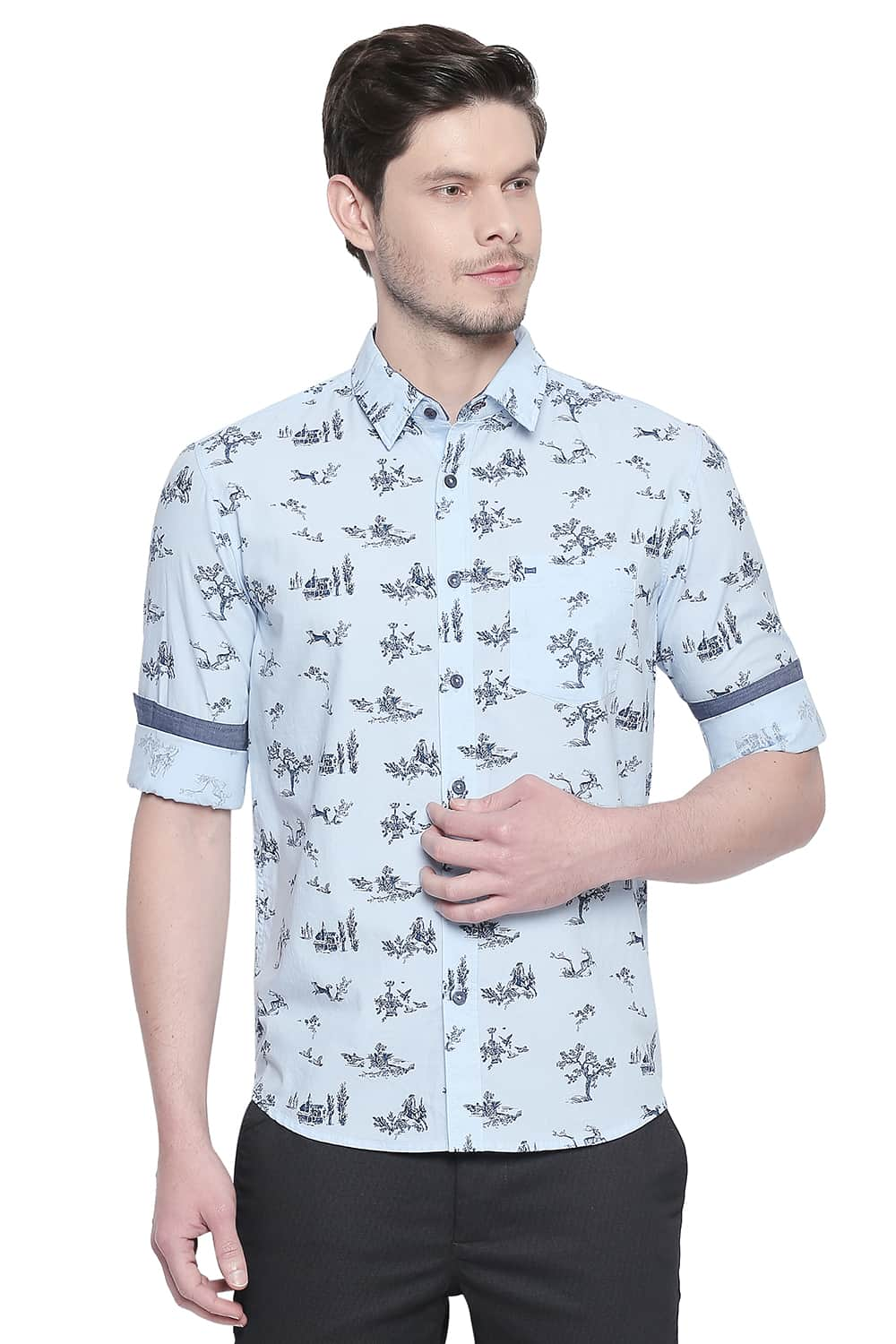 BASICS SLIM FIT CHAMBRAY PRINTED SHIRT