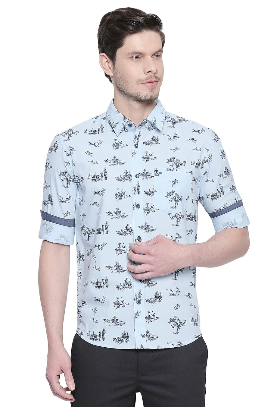 BASICS SLIM FIT DREAM BLUE CHAMBRAY PRINTED SHIRT