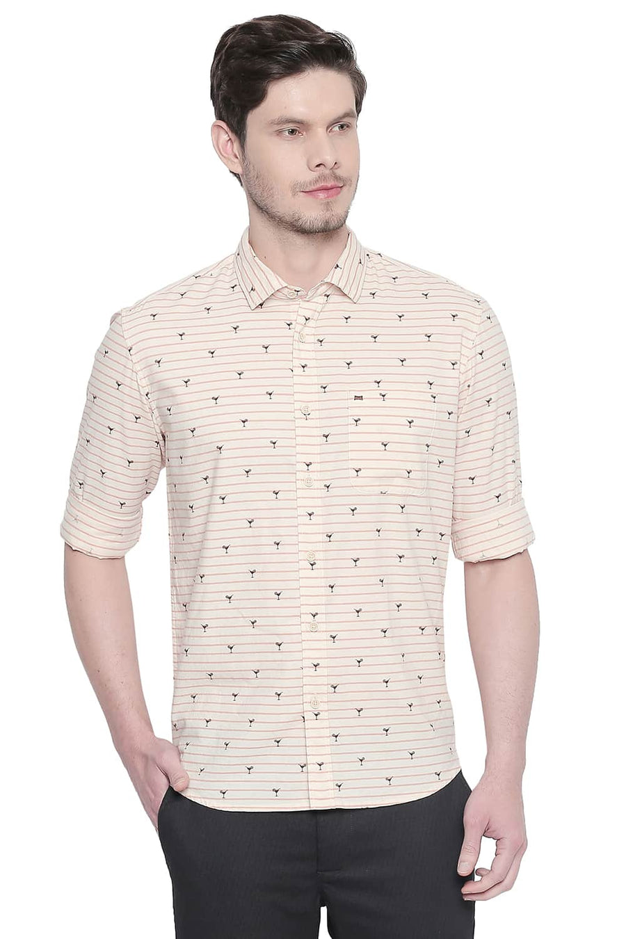 BASICS SLIM FIT ORANGE QUARTZ OXFORD PRINTED SHIRT