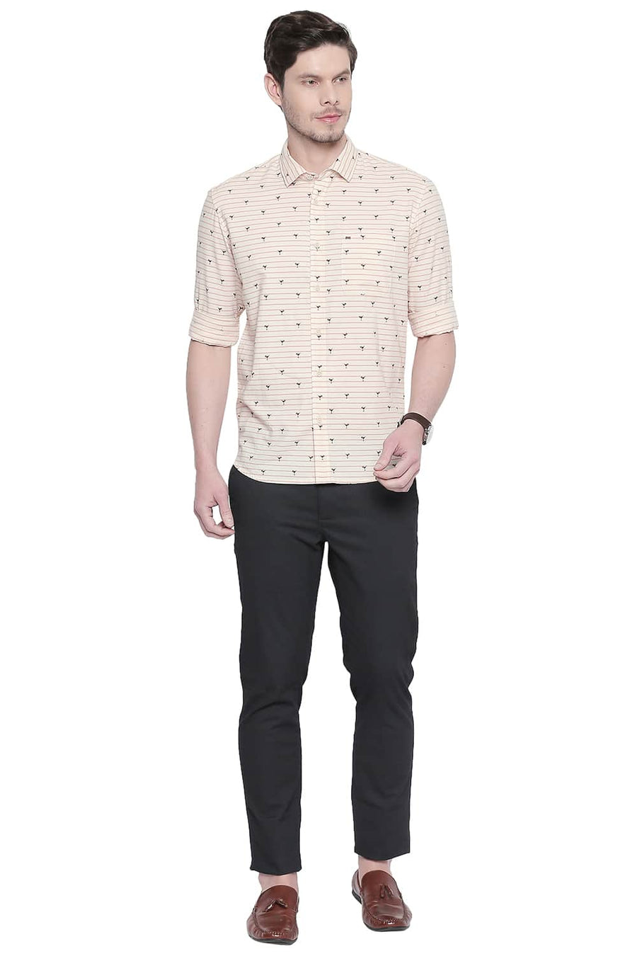 BASICS SLIM FIT ORANGE QUARTZ OXFORD PRINTED SHIRT