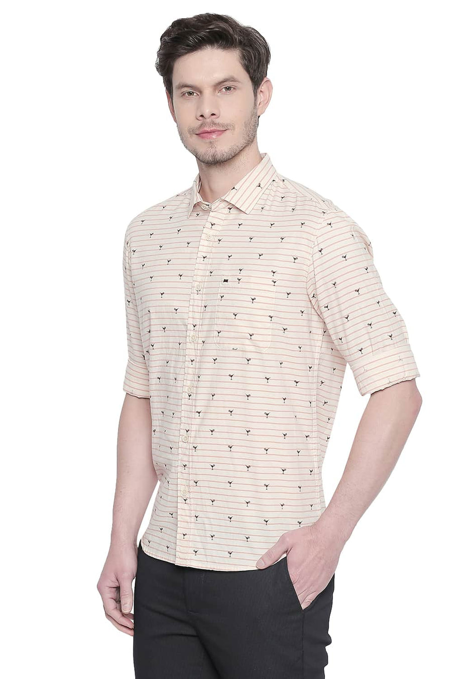BASICS SLIM FIT ORANGE QUARTZ OXFORD PRINTED SHIRT