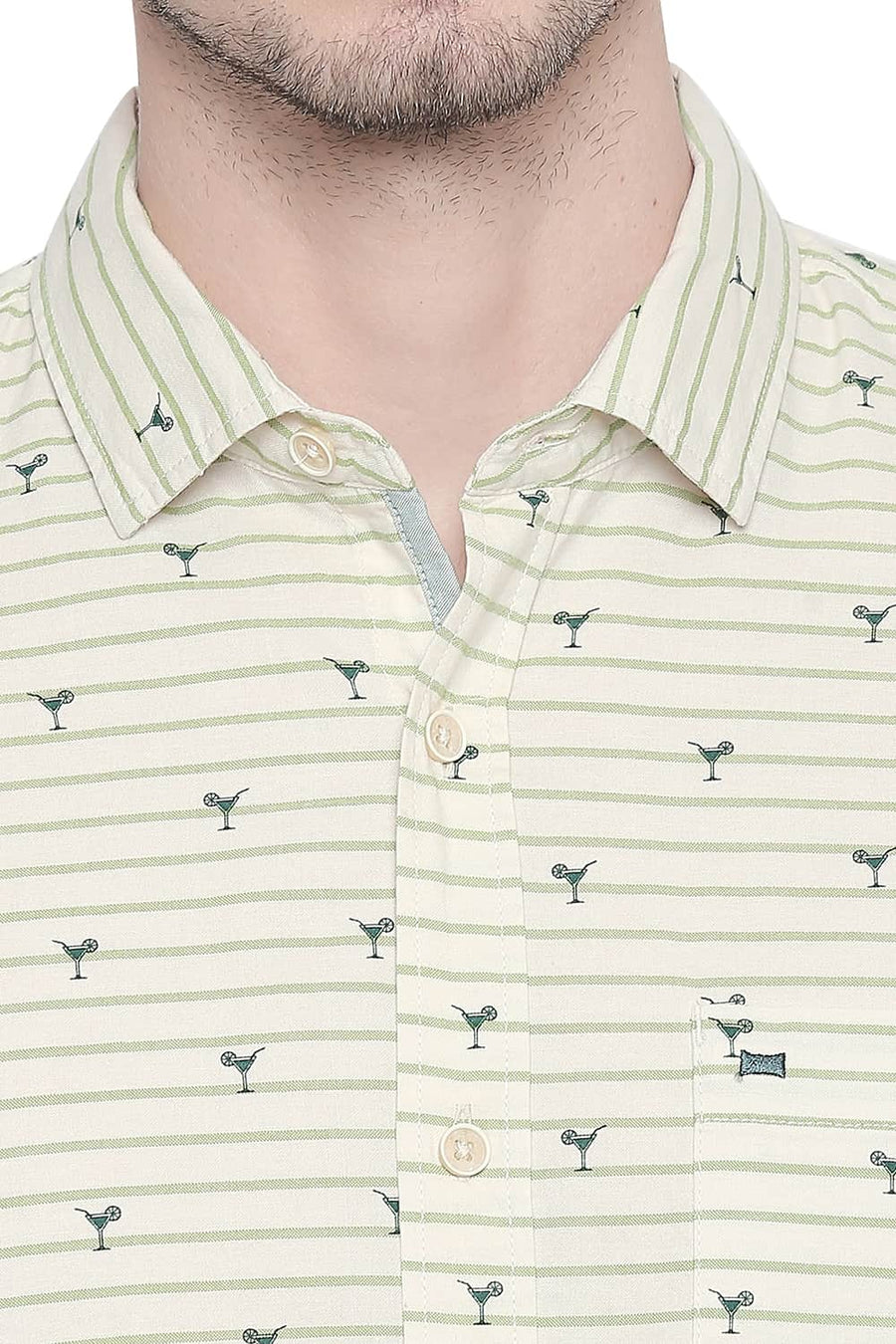 BASICS SLIM FIT OPALINE GREEN OXFORD PRINTED SHIRT