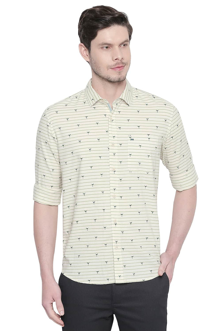 BASICS SLIM FIT OPALINE GREEN OXFORD PRINTED SHIRT