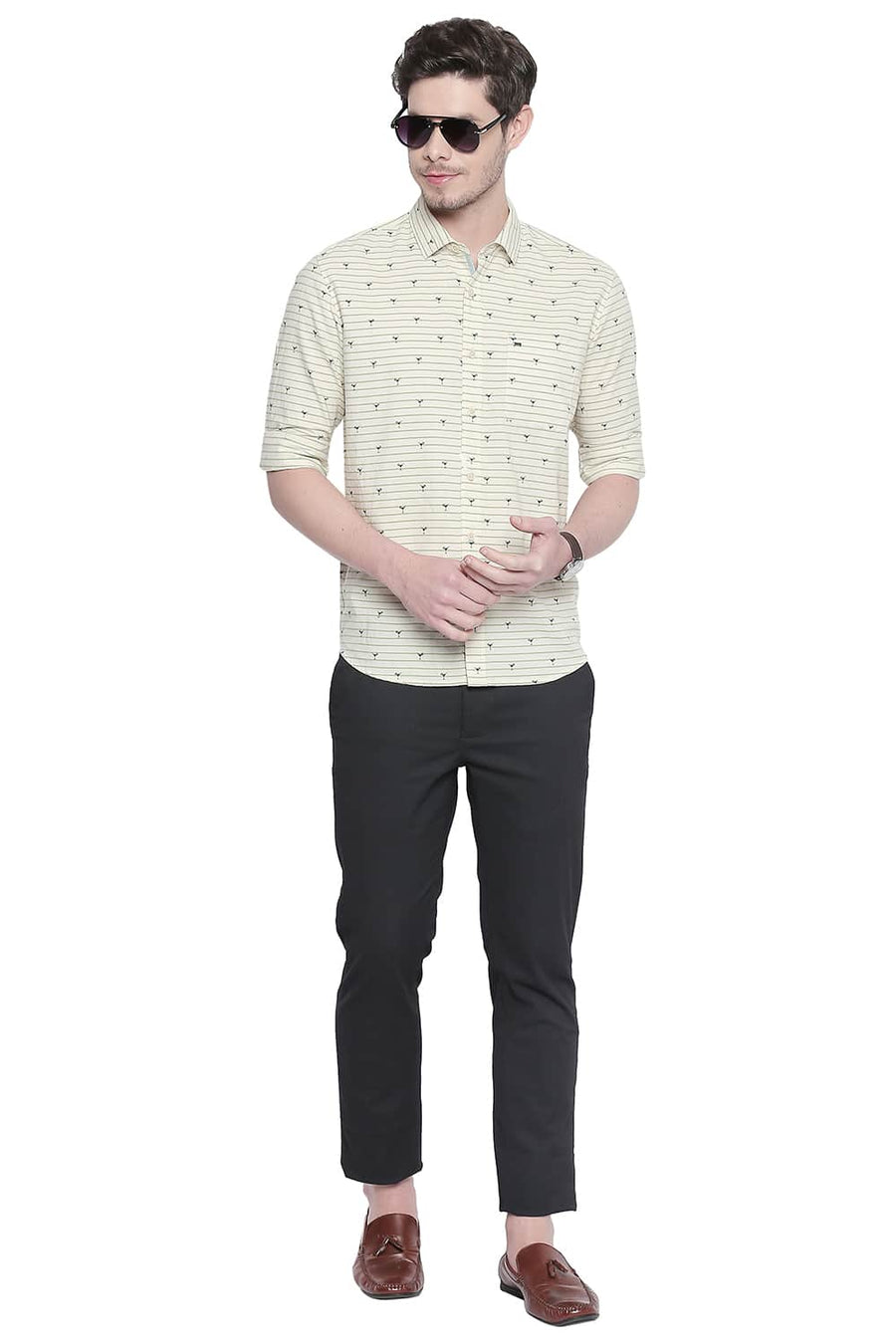 BASICS SLIM FIT OPALINE GREEN OXFORD PRINTED SHIRT