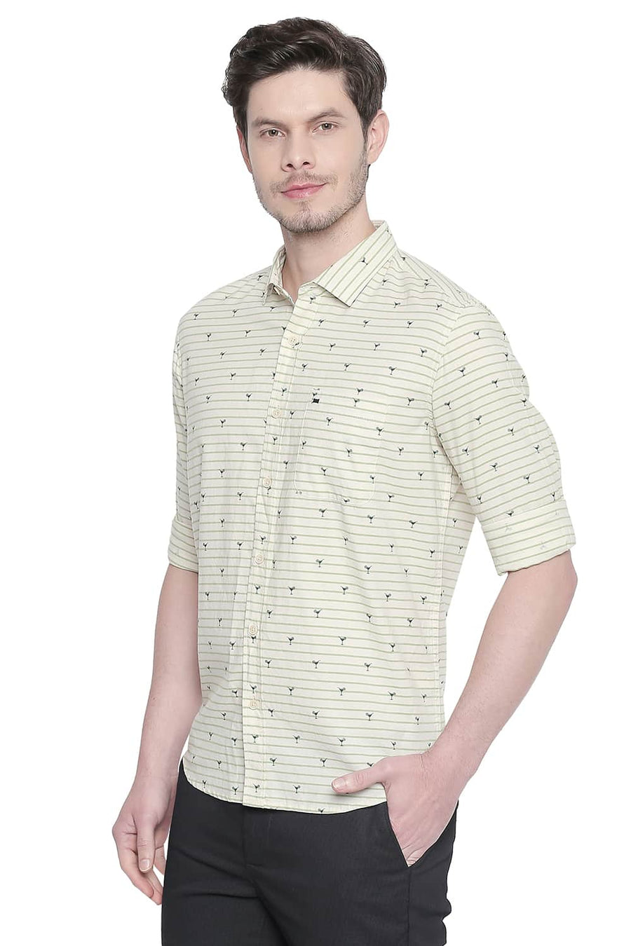 BASICS SLIM FIT OPALINE GREEN OXFORD PRINTED SHIRT