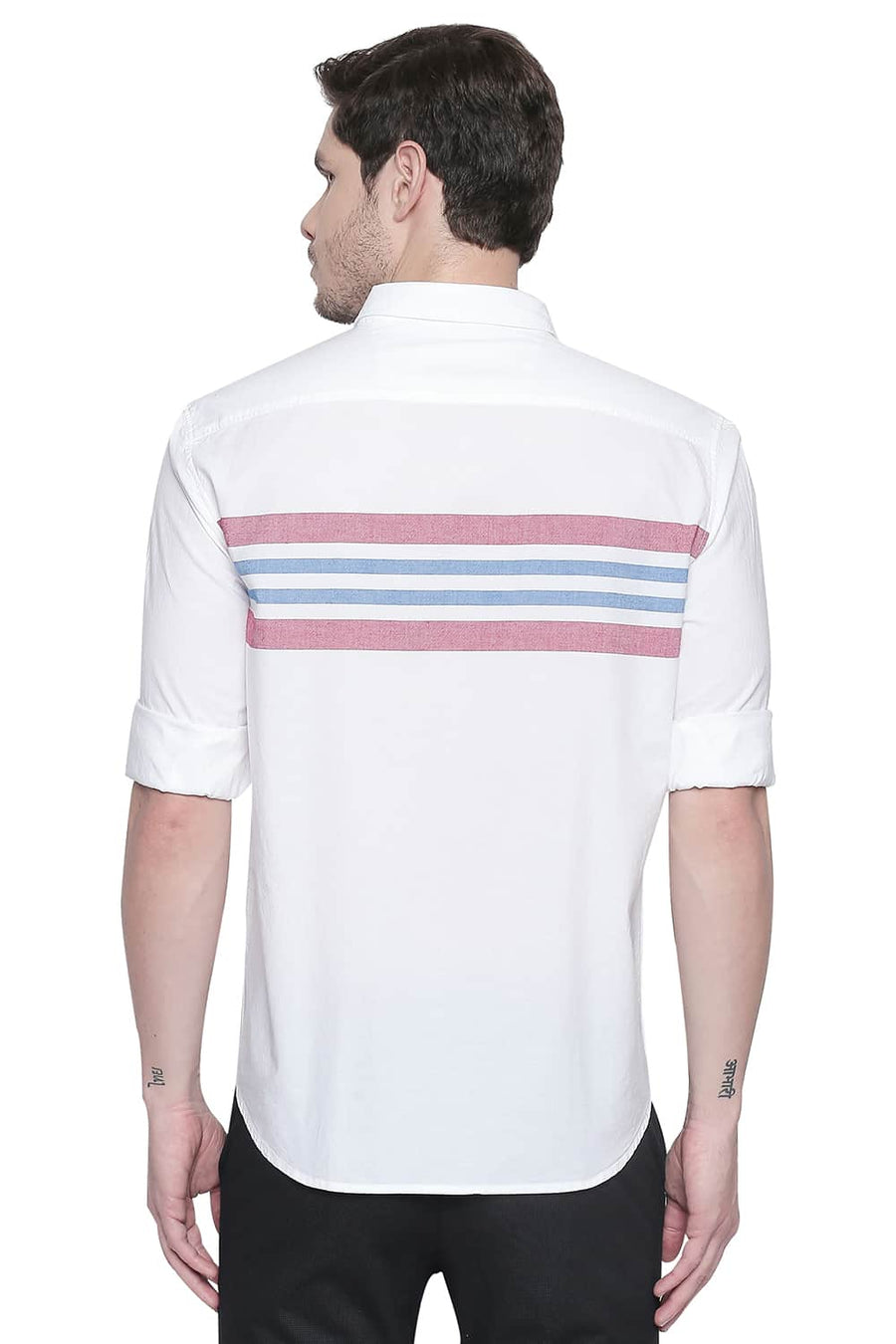 BASICS SLIM FIT CHERRY RED ENGINEERED STRIPES SHIRT
