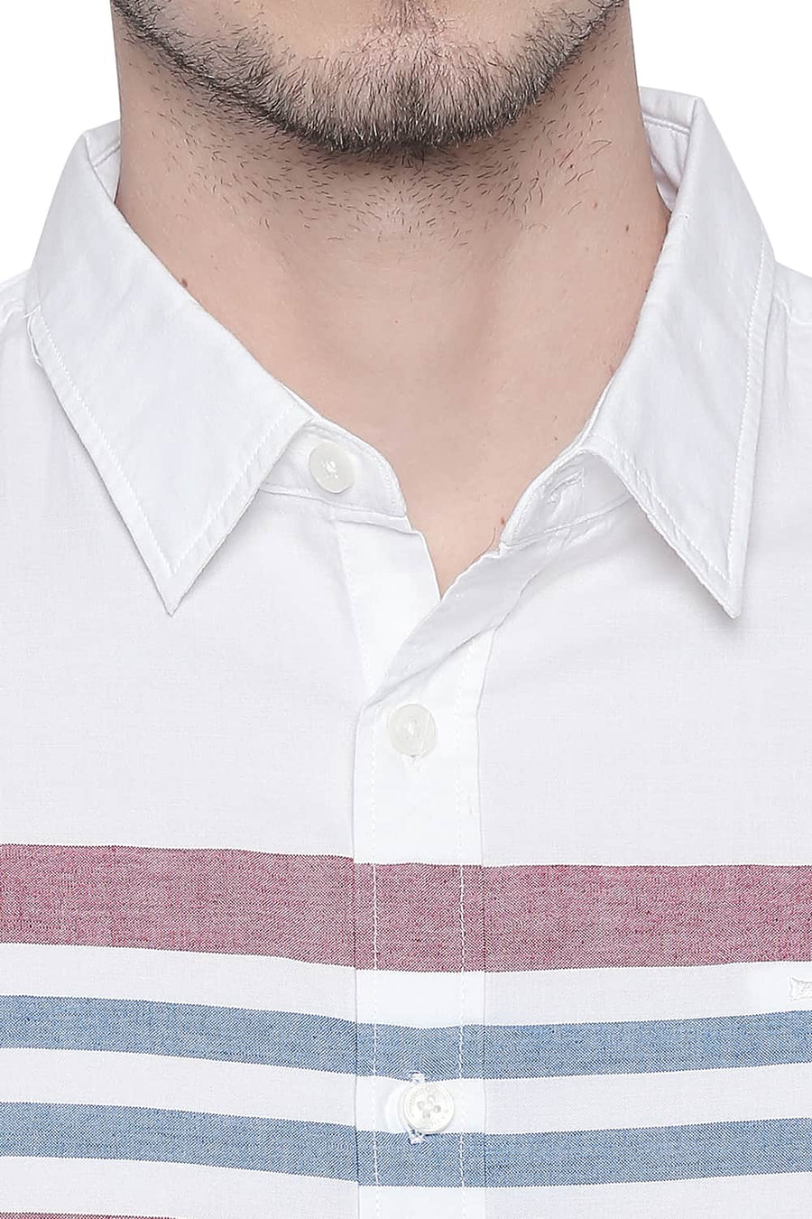 BASICS SLIM FIT CHERRY RED ENGINEERED STRIPES SHIRT