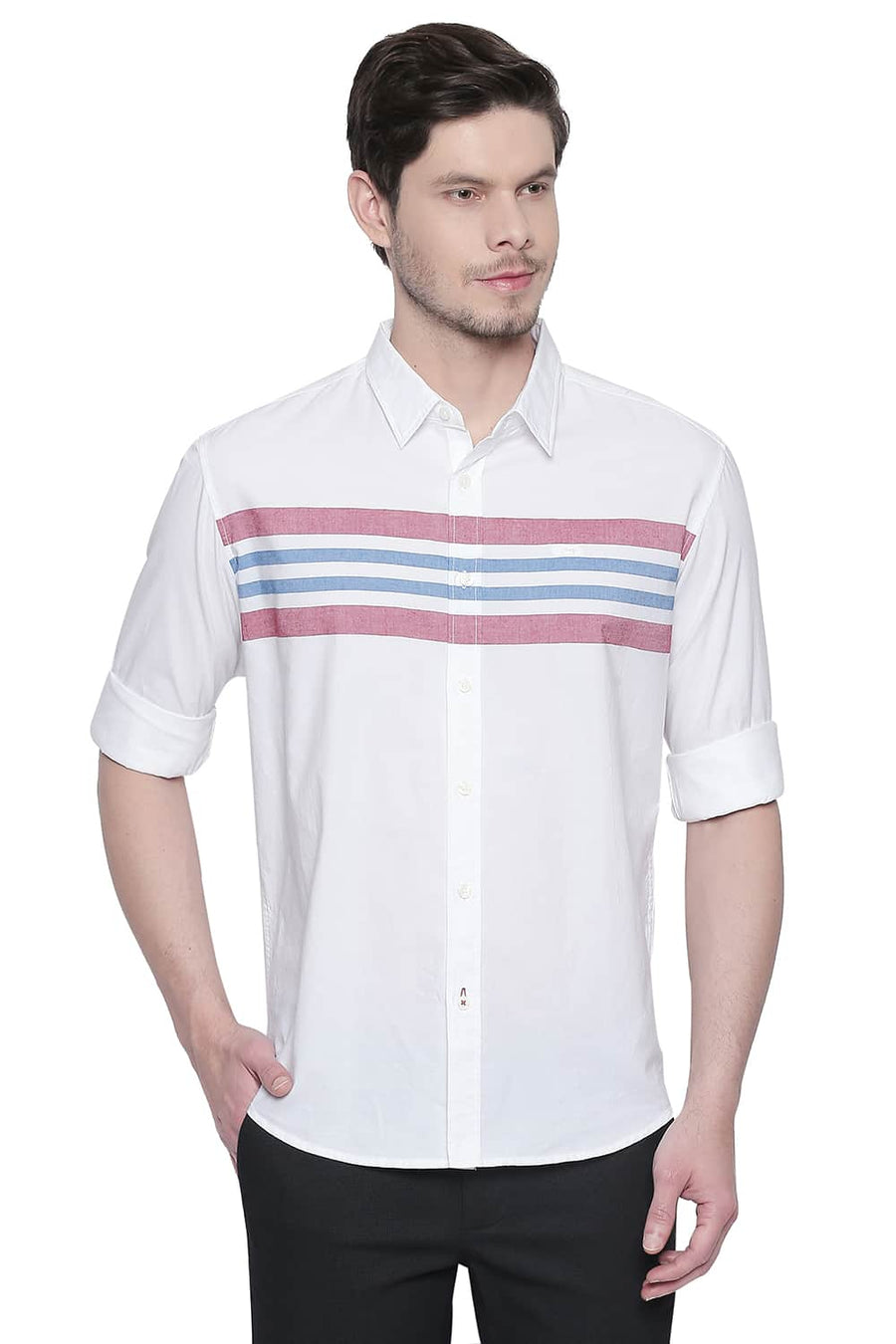 BASICS SLIM FIT CHERRY RED ENGINEERED STRIPES SHIRT