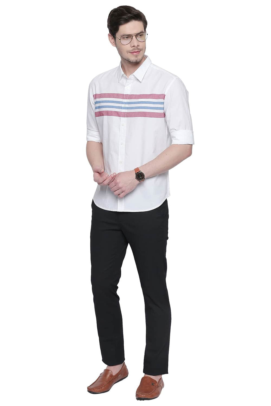 BASICS SLIM FIT CHERRY RED ENGINEERED STRIPES SHIRT