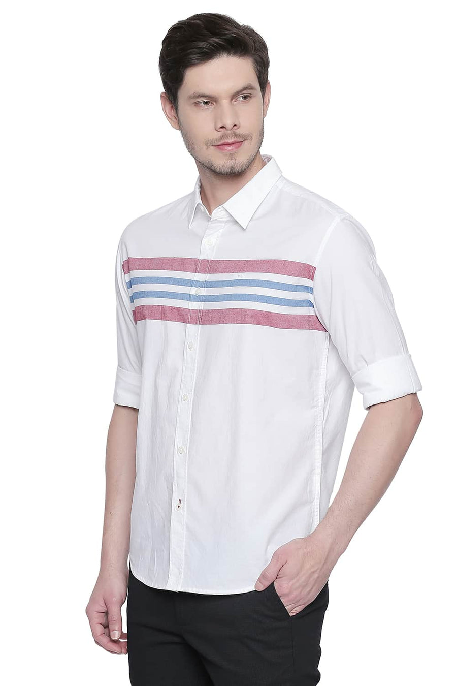 BASICS SLIM FIT CHERRY RED ENGINEERED STRIPES SHIRT