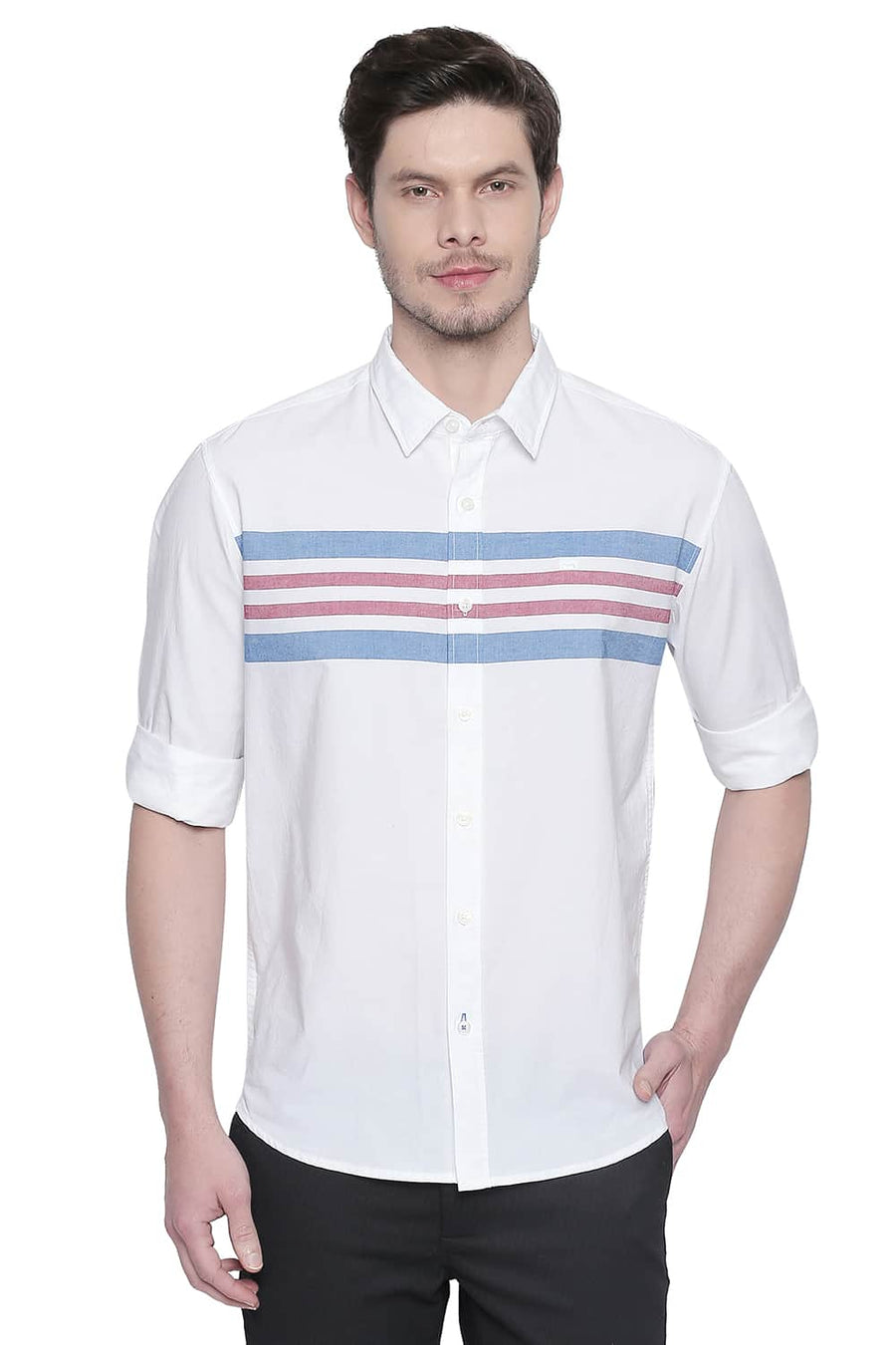 BASICS SLIM FIT MYKONOS BLUE ENGINEERED STRIPES SHIRT