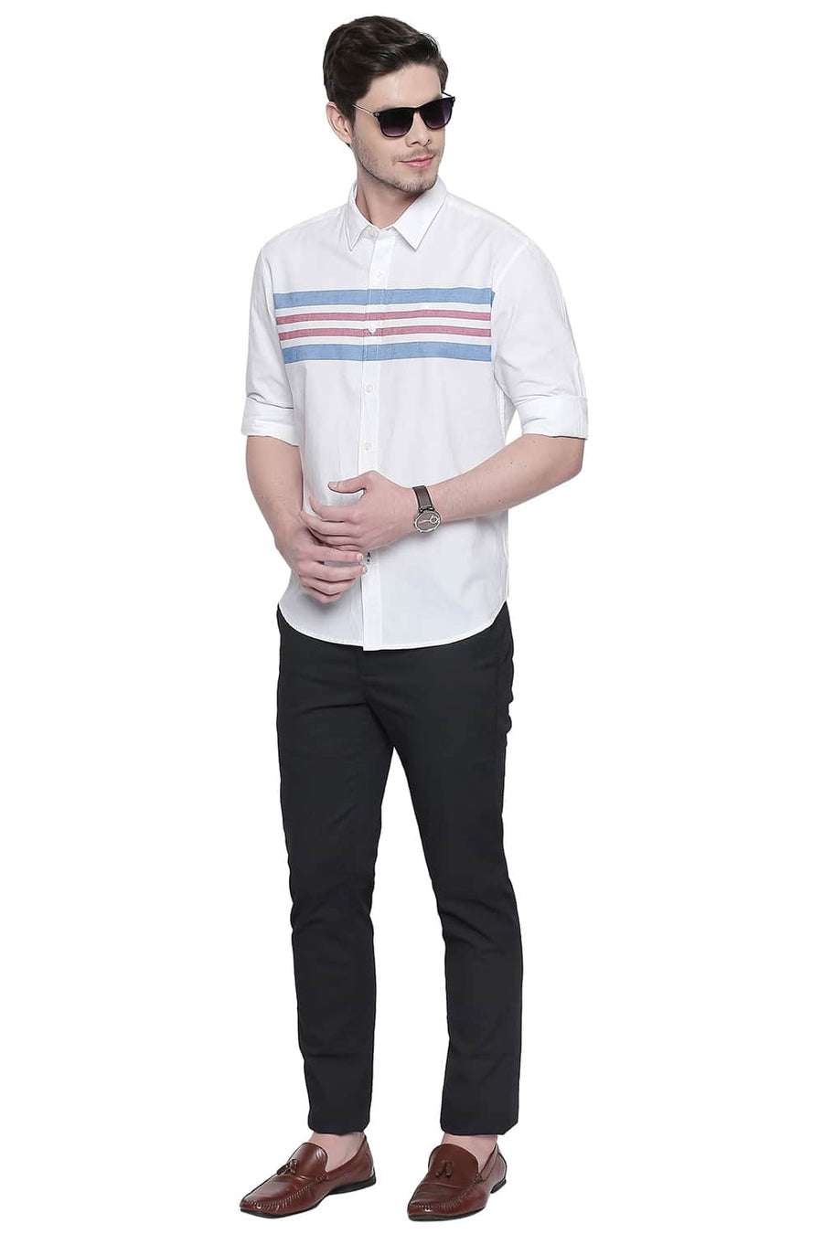 BASICS SLIM FIT MYKONOS BLUE ENGINEERED STRIPES SHIRT