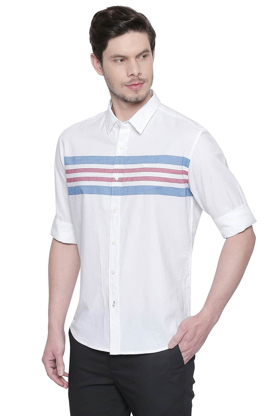 BASICS SLIM FIT MYKONOS BLUE ENGINEERED STRIPES SHIRT