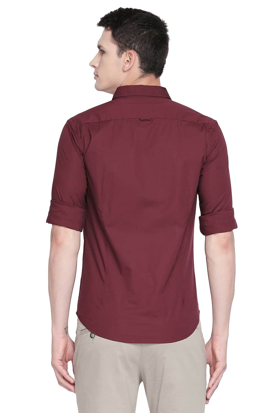 BASICS SLIM FIT TAWNY WINE POPLIN STRETCH SHIRT