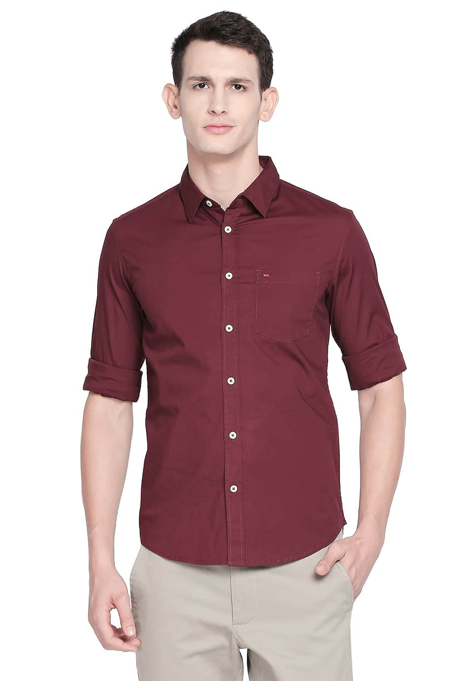 BASICS SLIM FIT TAWNY WINE POPLIN STRETCH SHIRT