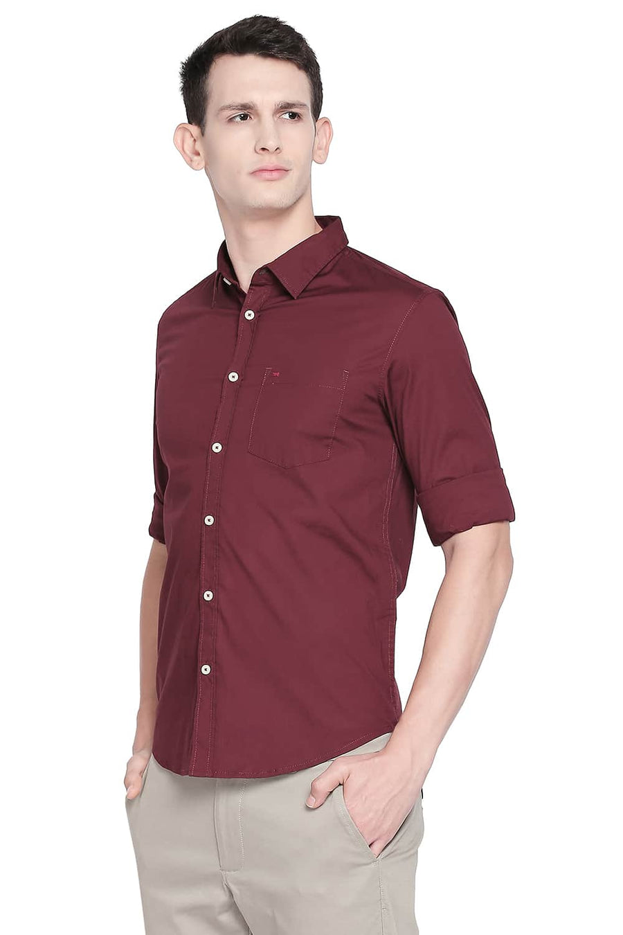 BASICS SLIM FIT TAWNY WINE POPLIN STRETCH SHIRT