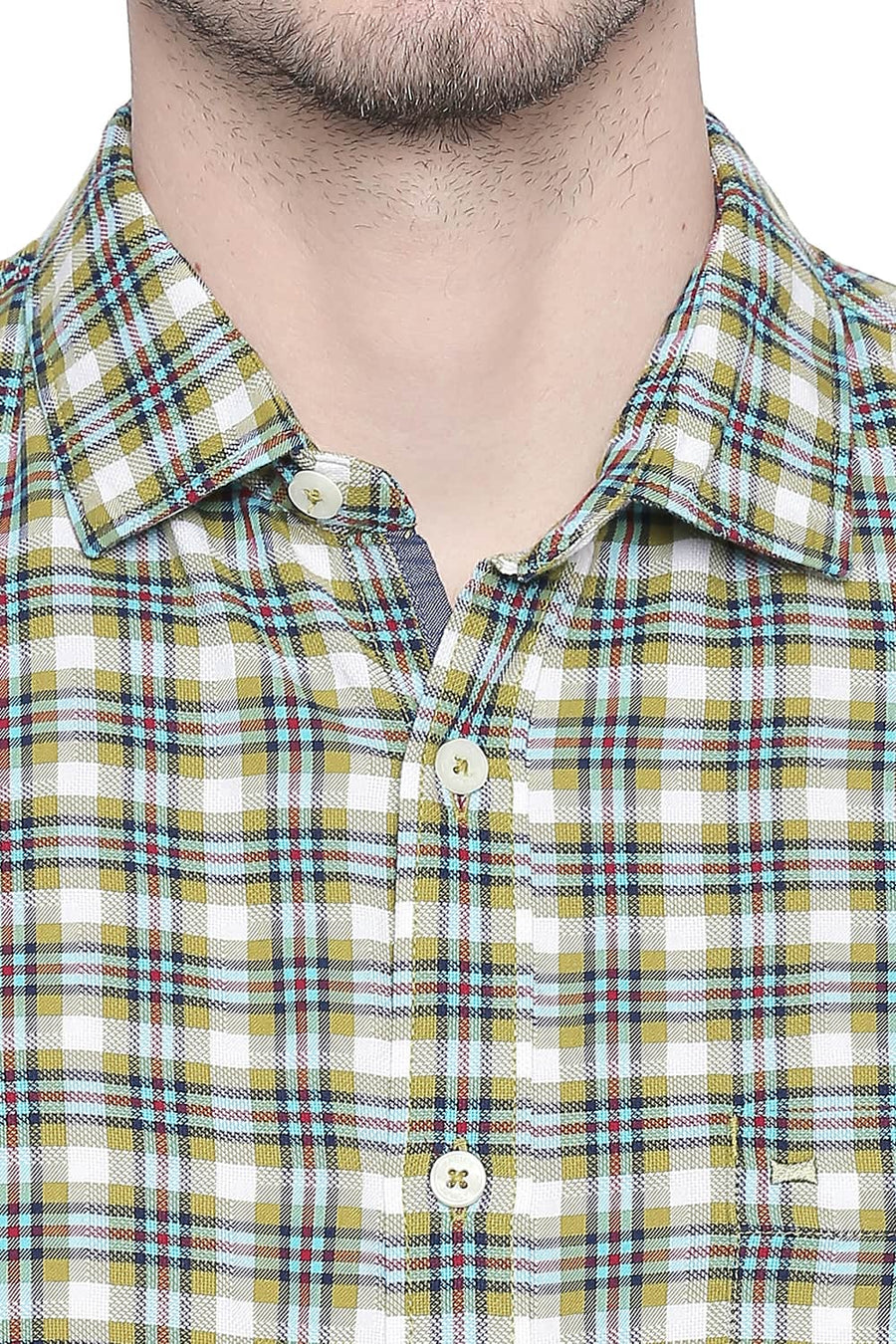 BASICS SLIM FIT CITRON GREEN DOBBY CHECKS SHIRT