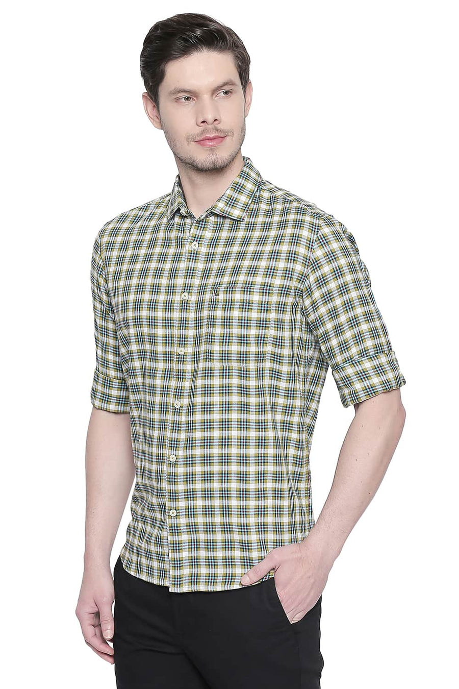 BASICS SLIM FIT CITRON GREEN DOBBY CHECKS SHIRT