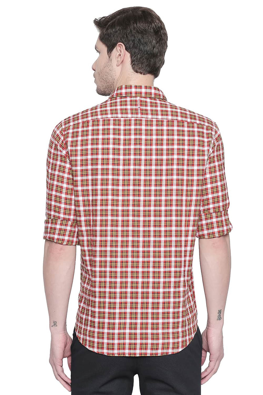 BASICS SLIM FIT RED CLAY DOBBY CHECKS SHIRT