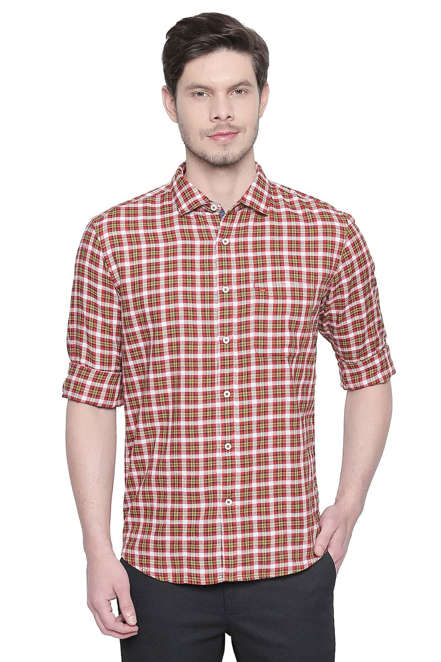 BASICS SLIM FIT RED CLAY DOBBY CHECKS SHIRT