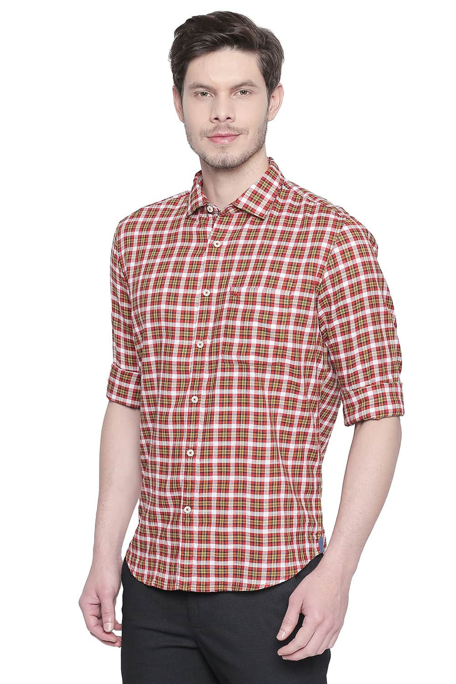 BASICS SLIM FIT RED CLAY DOBBY CHECKS SHIRT