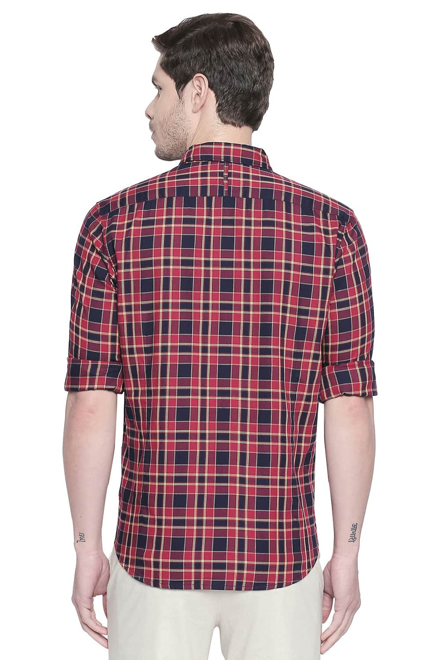 BASICS SLIM FIT CRIMSON RED DOBBY CHECKS SHIRT