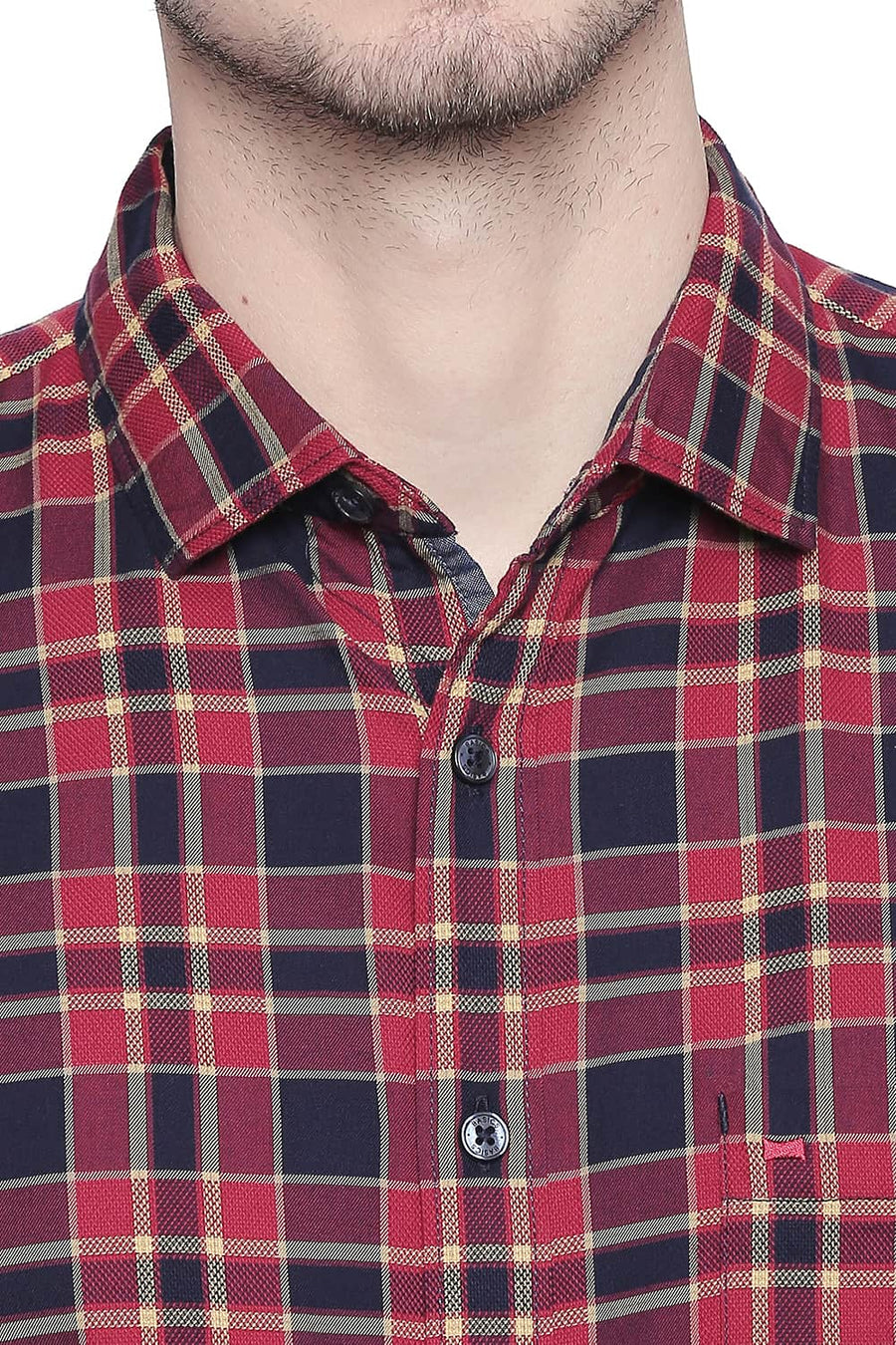 BASICS SLIM FIT CRIMSON RED DOBBY CHECKS SHIRT
