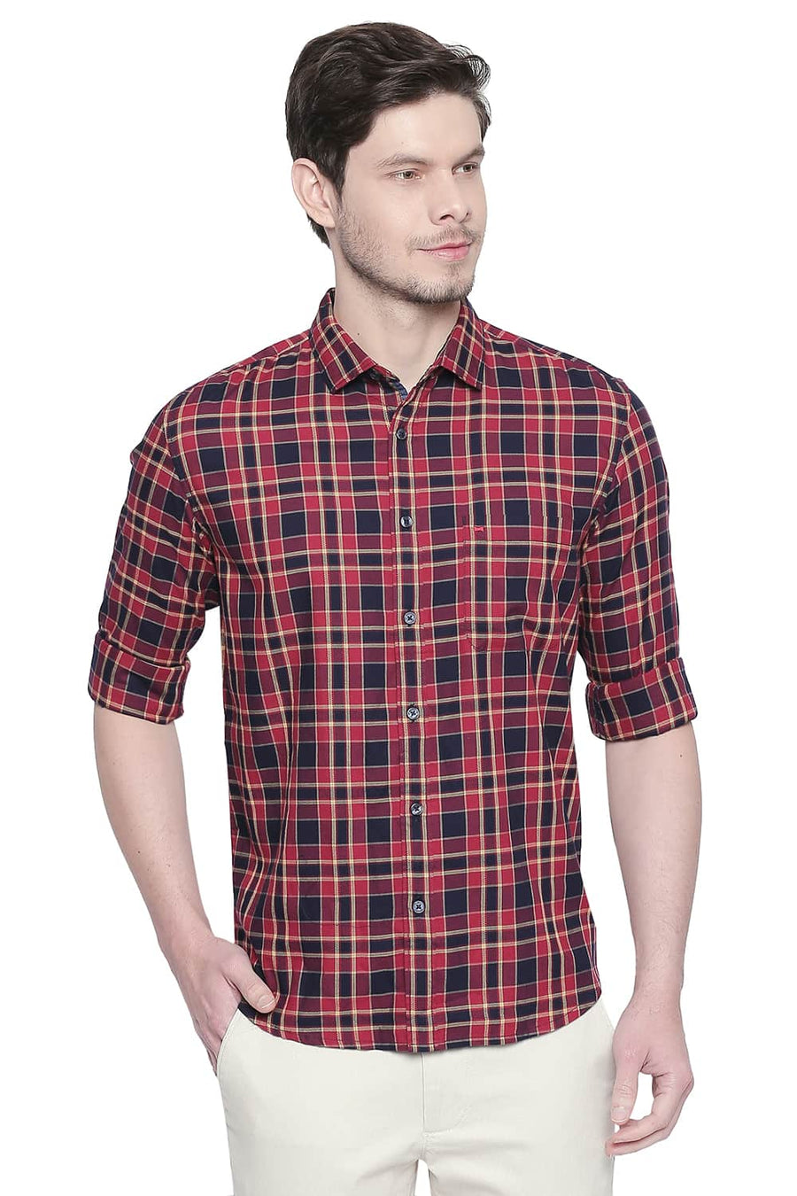 BASICS SLIM FIT CRIMSON RED DOBBY CHECKS SHIRT