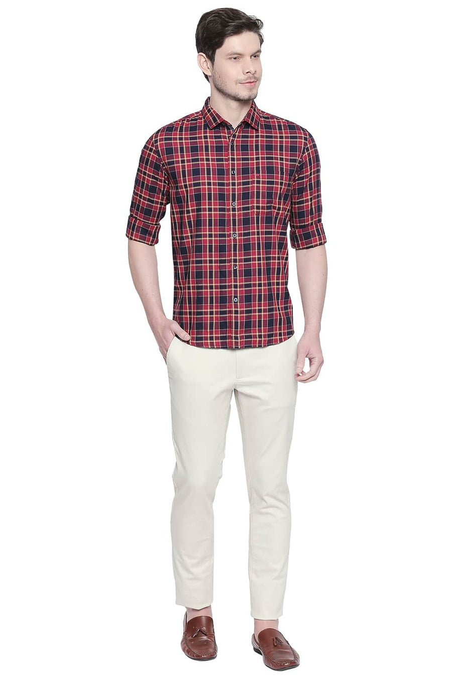 BASICS SLIM FIT CRIMSON RED DOBBY CHECKS SHIRT