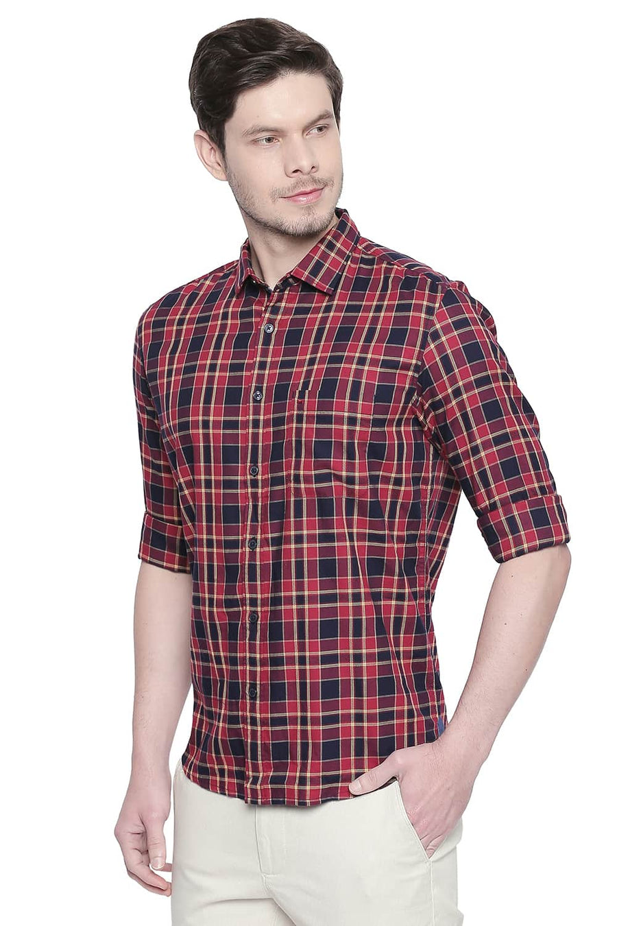 BASICS SLIM FIT CRIMSON RED DOBBY CHECKS SHIRT