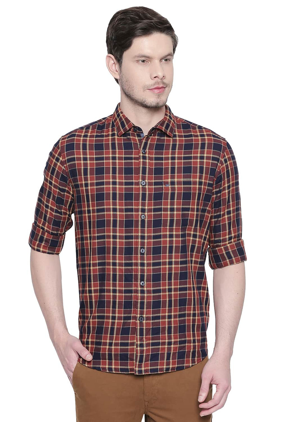 BASICS SLIM FIT BOMBAY BROWN DOBBY CHECKS SHIRT