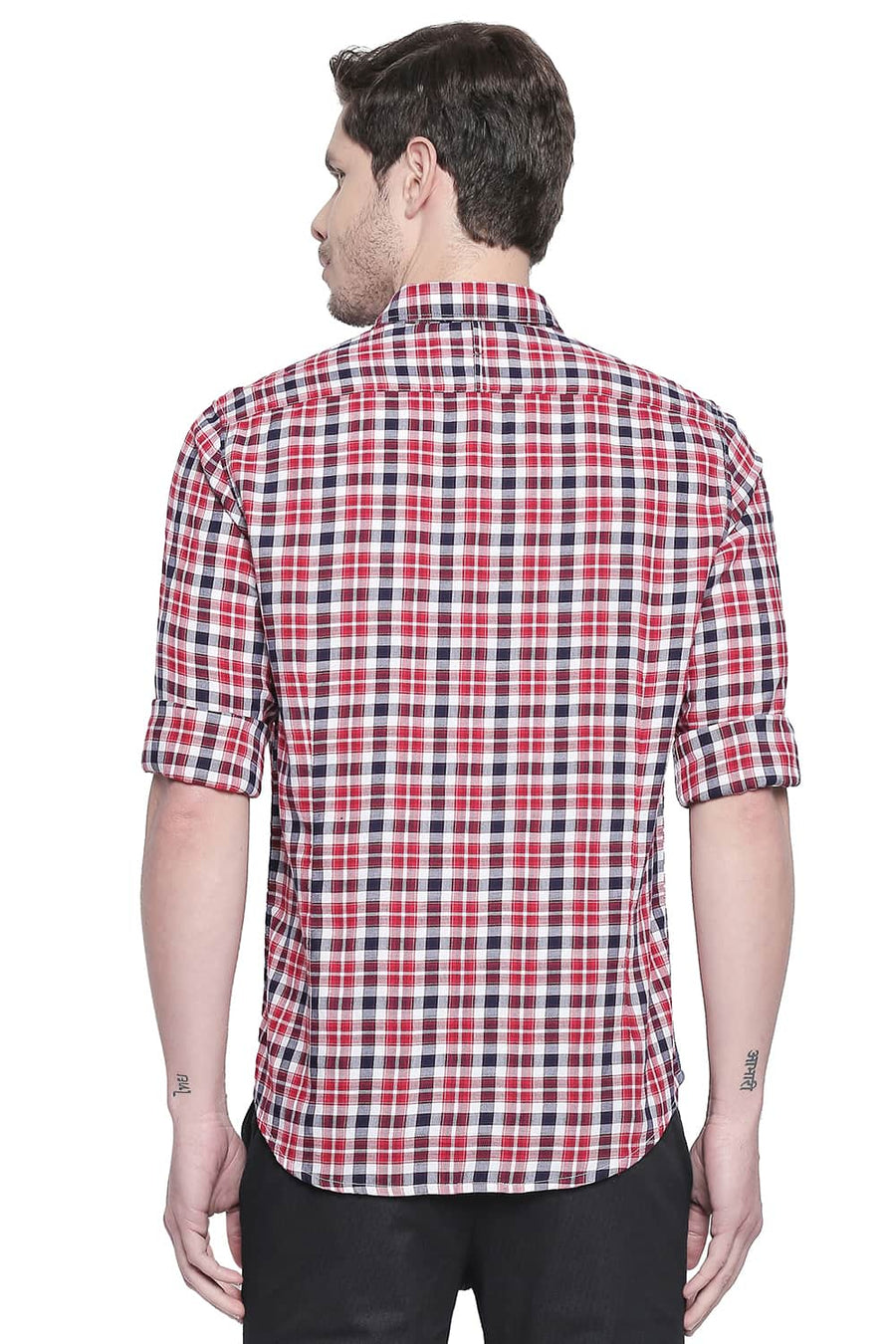 BASICS SLIM FIT MOLTEN LAVA RED DOBBY CHECKS SHIRT