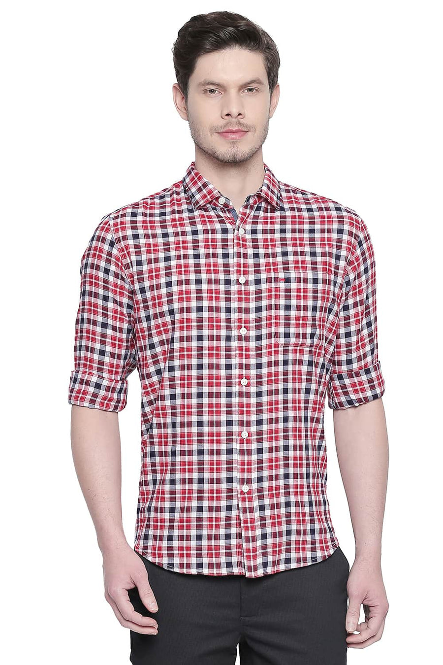 BASICS SLIM FIT MOLTEN LAVA RED DOBBY CHECKS SHIRT