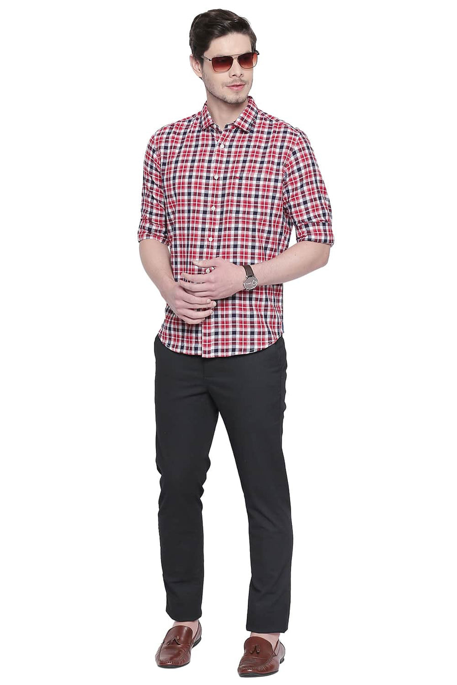 BASICS SLIM FIT MOLTEN LAVA RED DOBBY CHECKS SHIRT
