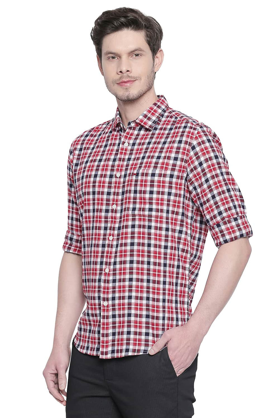 BASICS SLIM FIT MOLTEN LAVA RED DOBBY CHECKS SHIRT