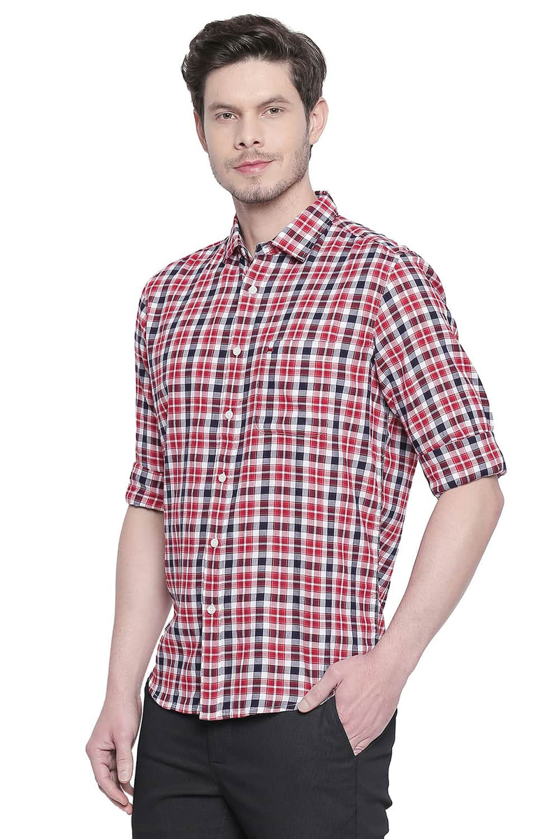 BASICS SLIM FIT DOBBY CHECKS SHIRT