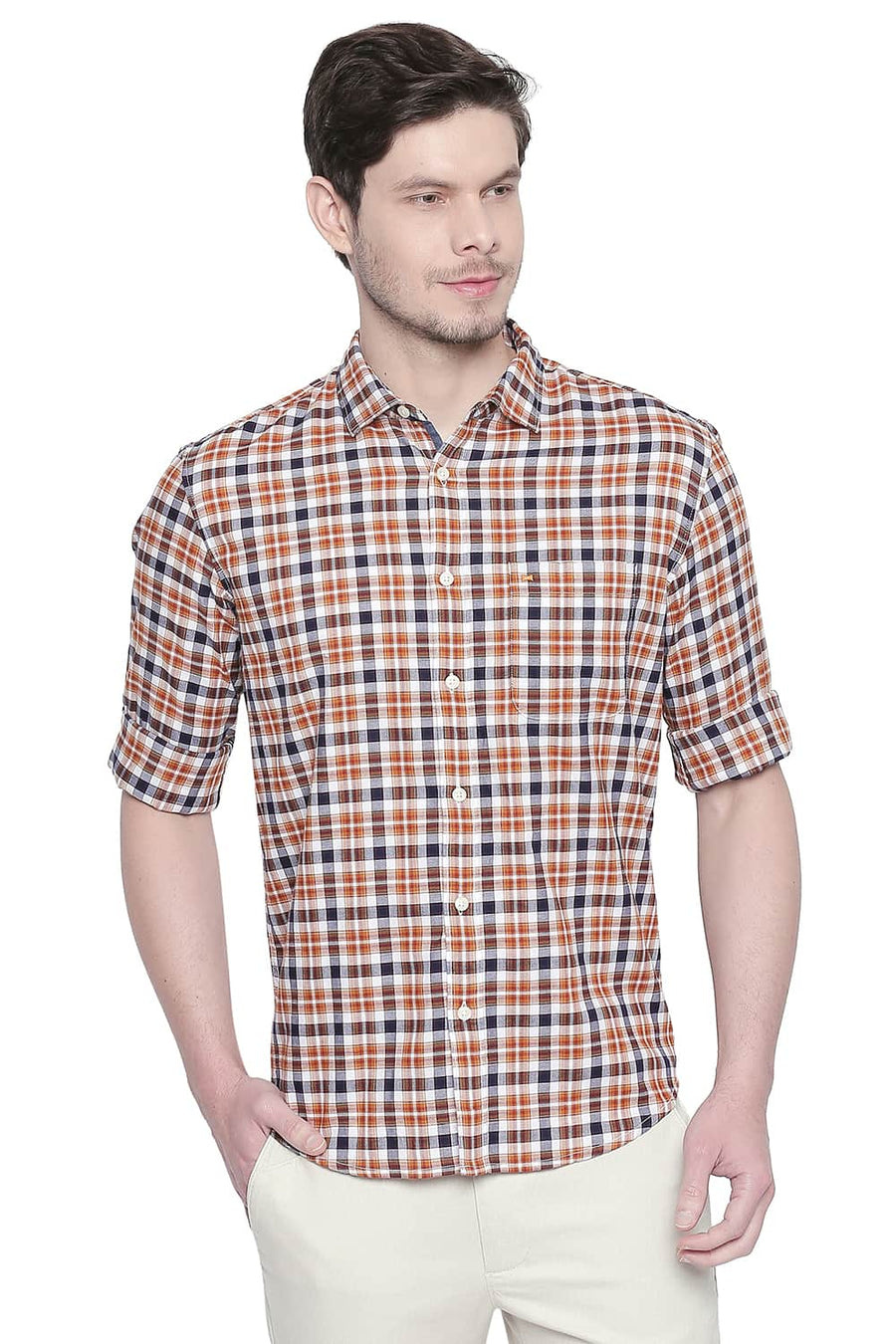 BASICS SLIM FIT SUDAN BROWN DOBBY CHECKS SHIRT