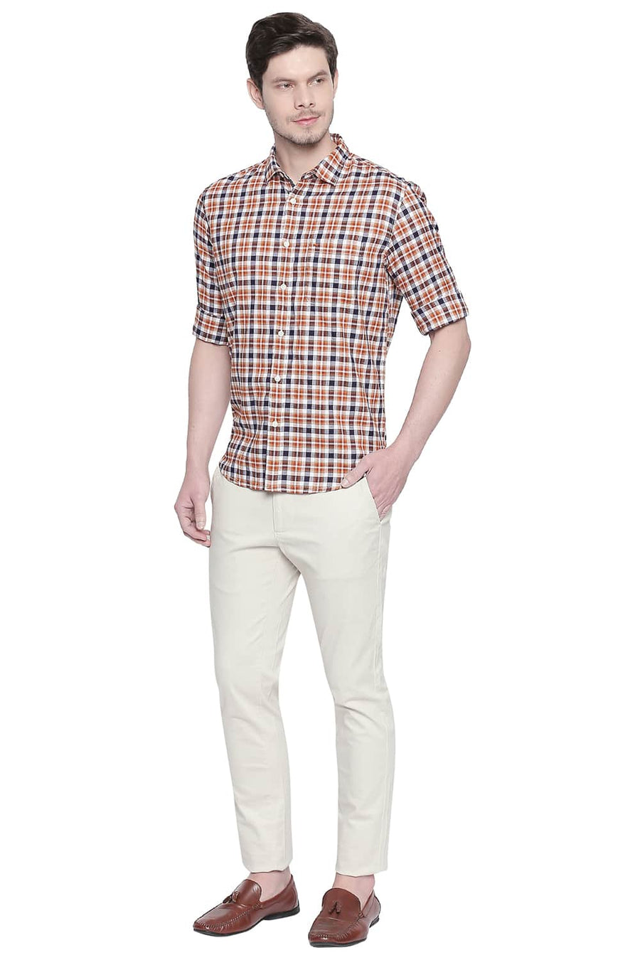 BASICS SLIM FIT SUDAN BROWN DOBBY CHECKS SHIRT