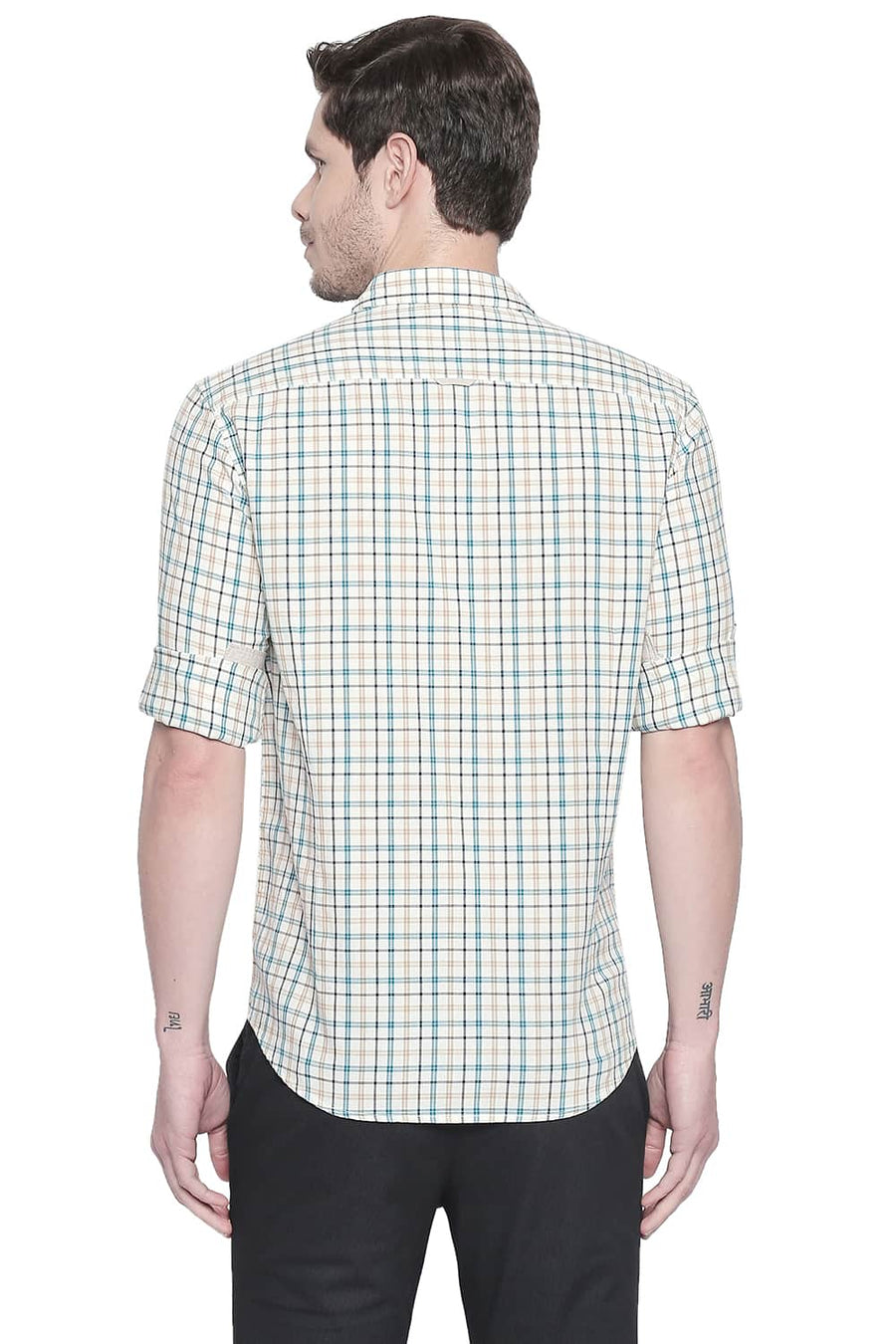 BASICS SLIM FIT SHADED GREEN DOBBY CHECKS SHIRT