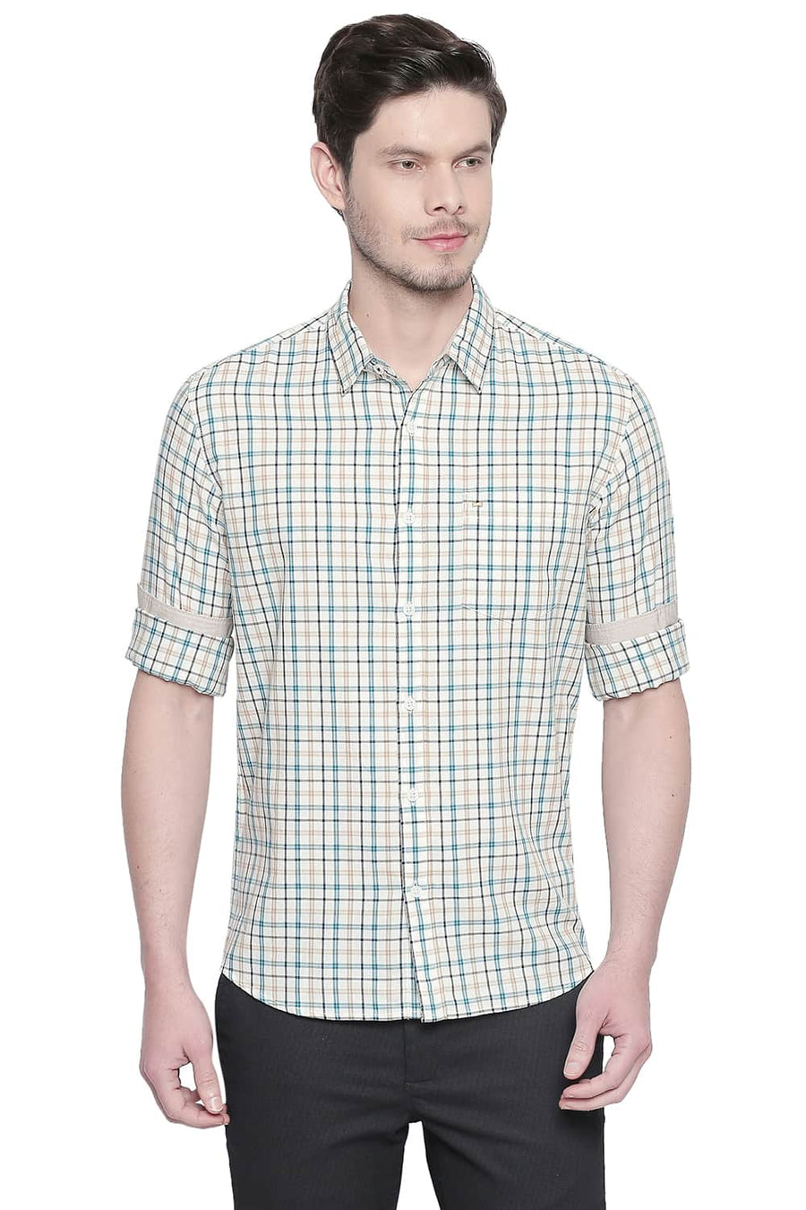 BASICS SLIM FIT SHADED GREEN DOBBY CHECKS SHIRT
