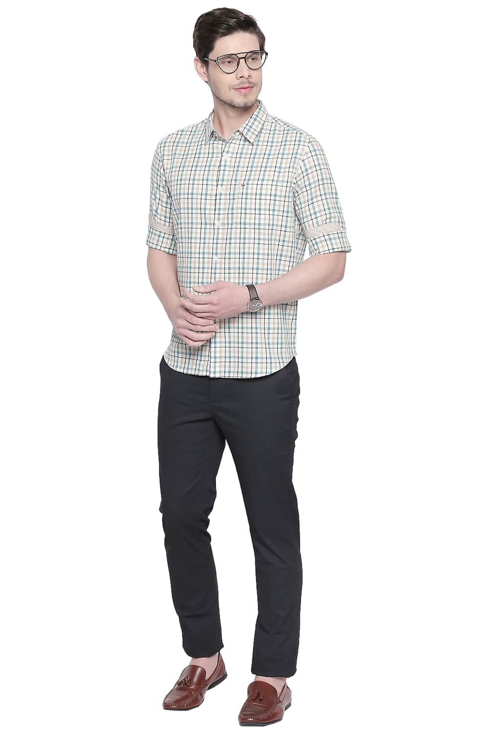 BASICS SLIM FIT DOBBY CHECKS SHIRT