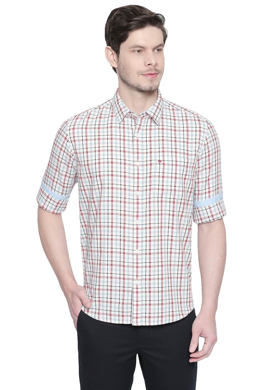 BASICS SLIM FIT AMERICAN RED DOBBY CHECKS SHIRT