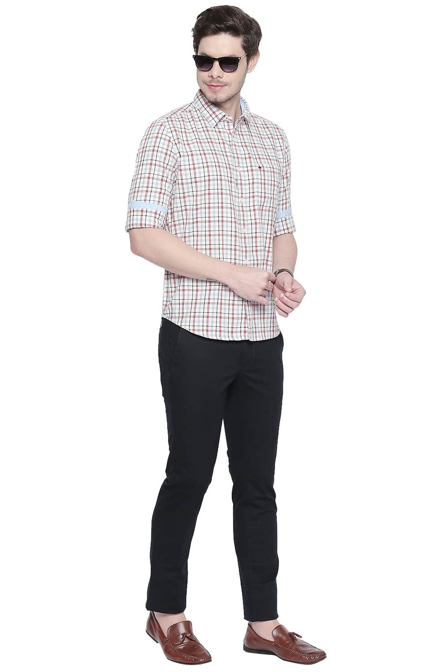 BASICS SLIM FIT AMERICAN RED DOBBY CHECKS SHIRT