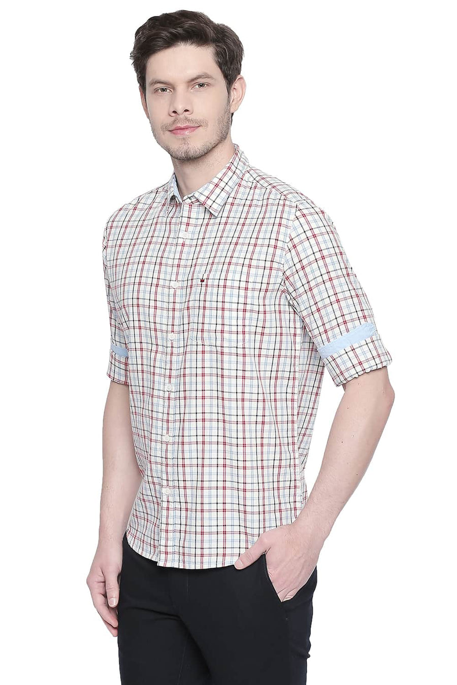 BASICS SLIM FIT AMERICAN RED DOBBY CHECKS SHIRT