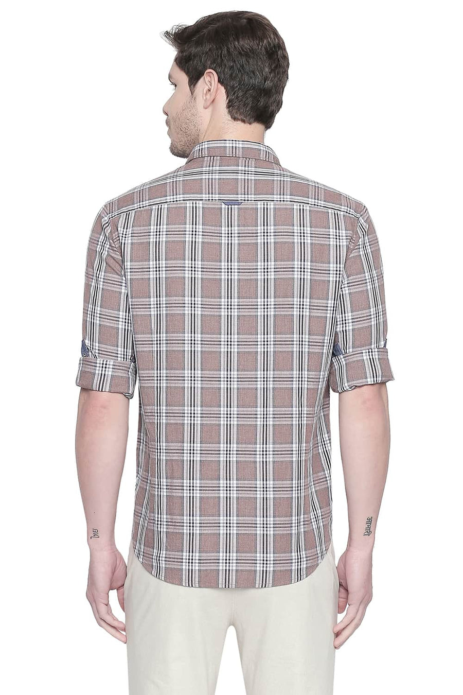 BASICS SLIM FIT CARIBOU BROWN MELANGE CHECKS SHIRT