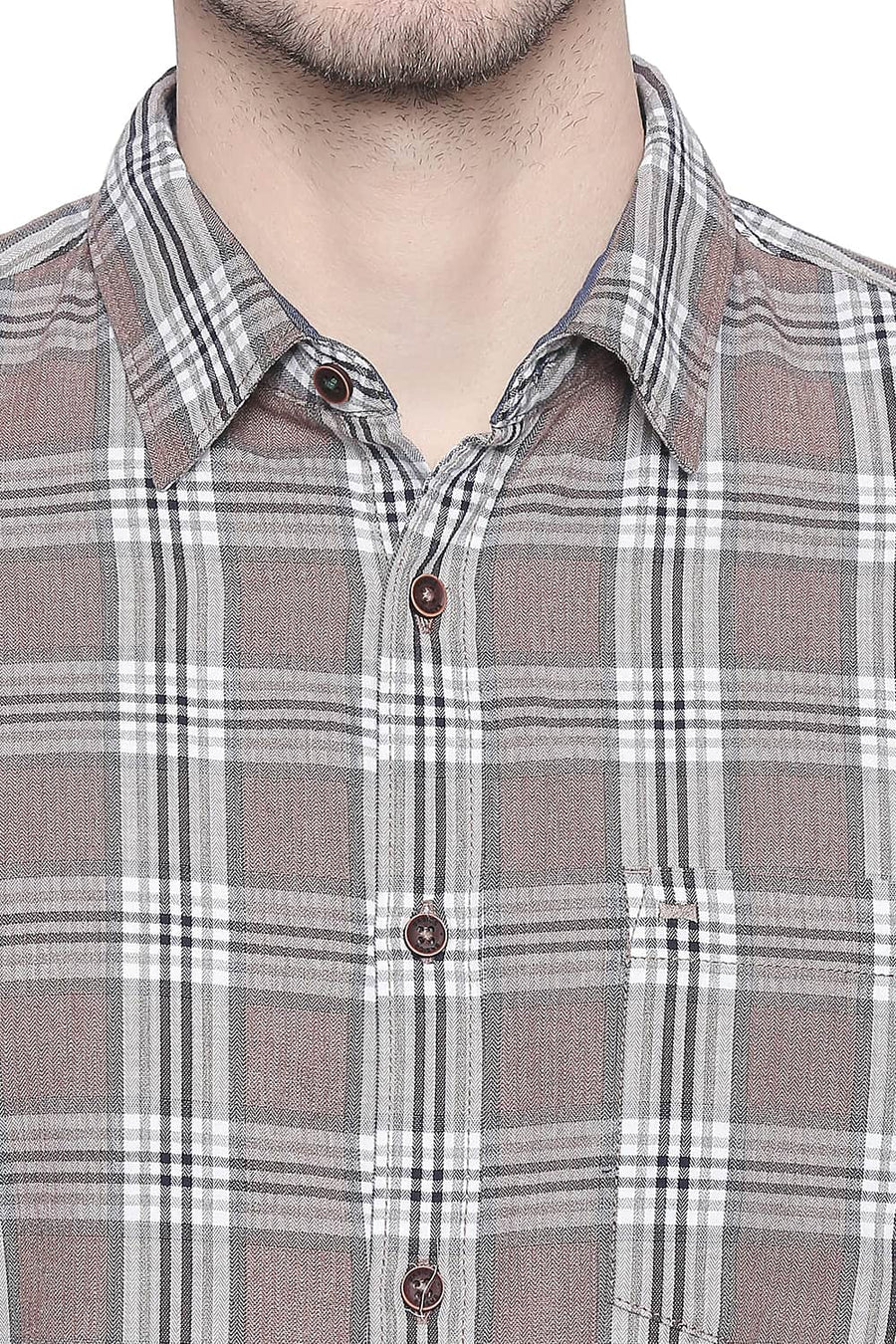 BASICS SLIM FIT CARIBOU BROWN MELANGE CHECKS SHIRT