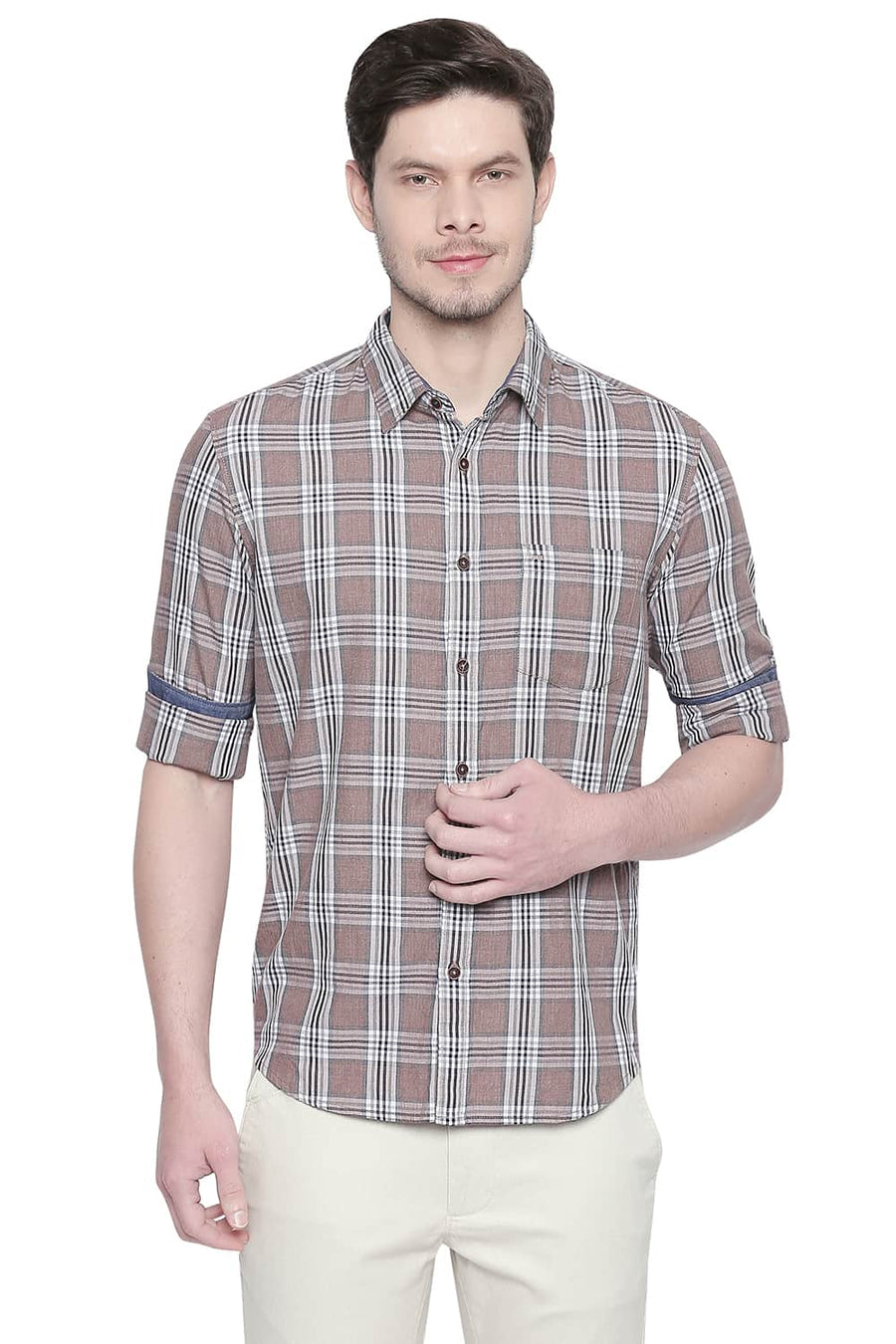BASICS SLIM FIT CARIBOU BROWN MELANGE CHECKS SHIRT