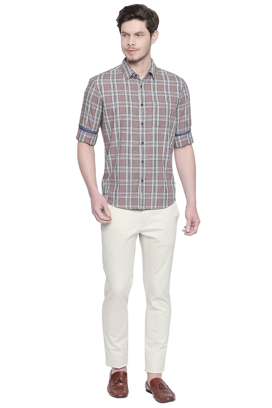 BASICS SLIM FIT CARIBOU BROWN MELANGE CHECKS SHIRT